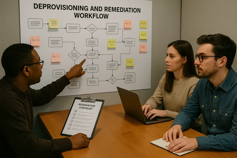 Team member pointing to a printed deprovisioning and remediation workflow with checklists and sticky-note ownership during a review meeting.