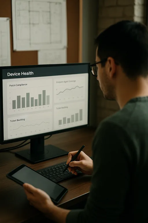 Engineer reviewing an anonymized device-health dashboard showing patch compliance and ticket backlog while taking notes in a small office.