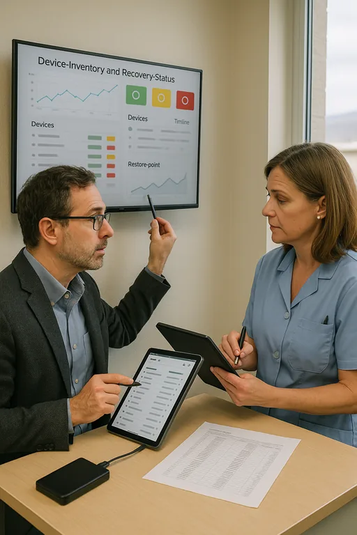 IT consultant and clinic manager examining a blurred device inventory and restore-status dashboard on a monitor and tablet in a medical office.