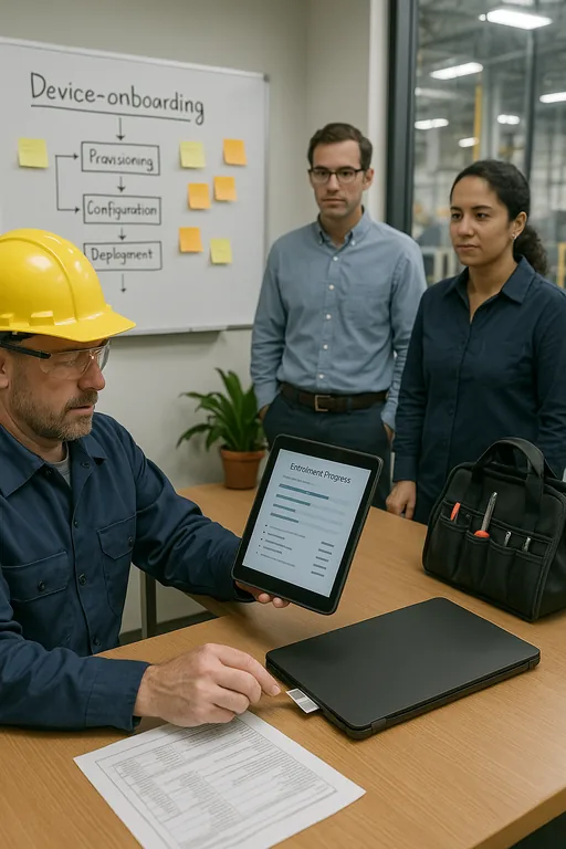 IT technician enrolling a new laptop and affixing an asset tag while referencing a non-legible onboarding workflow on a whiteboard in a plant office.