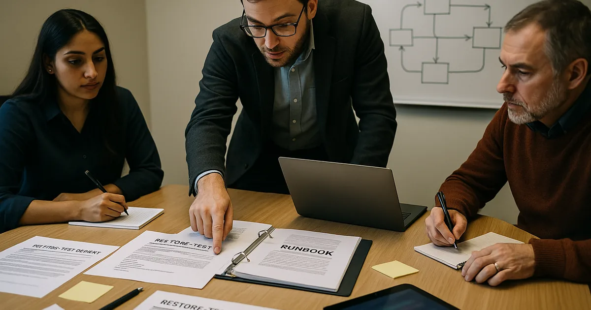 IT consultant leading a disaster recovery tabletop with printed runbooks and restore-test reports on a conference table.