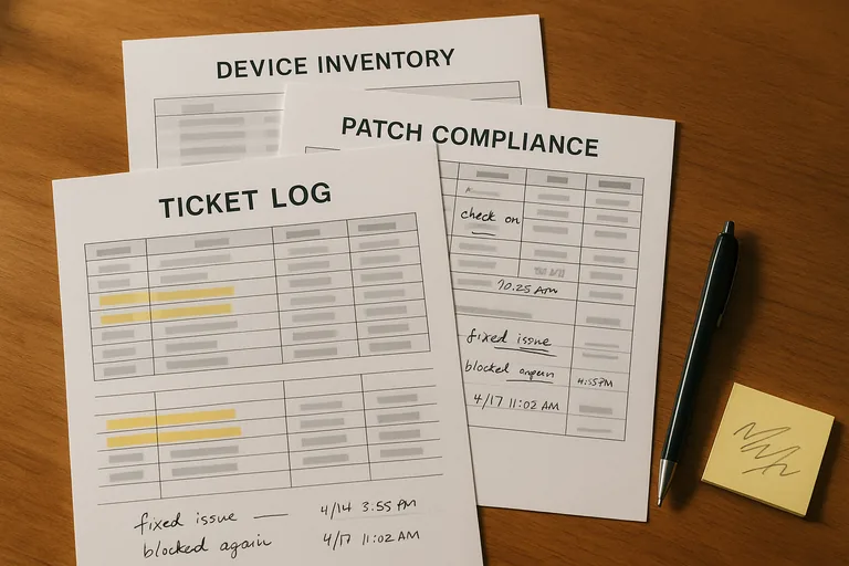 Overhead close-up of printed device inventory and patch compliance reports with highlighted rows and handwritten technician notes, all text intentionally unreadable.