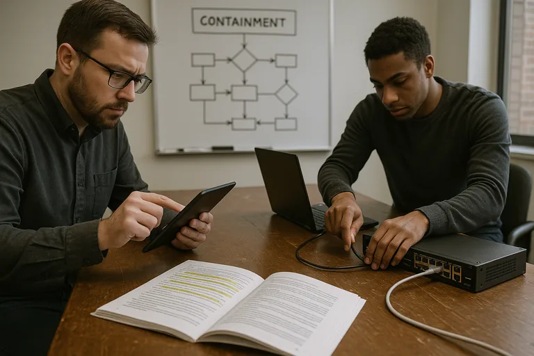 Technician performing device containment with a runbook on the table and team member documenting steps, showing an operational response workflow.