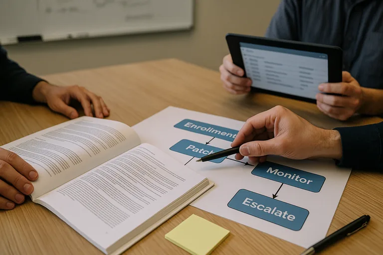 Printed runbook and a flowchart showing a device enrollment-to-escalation workflow with an IT person pointing at a step and a tablet on the table, all text blurred.