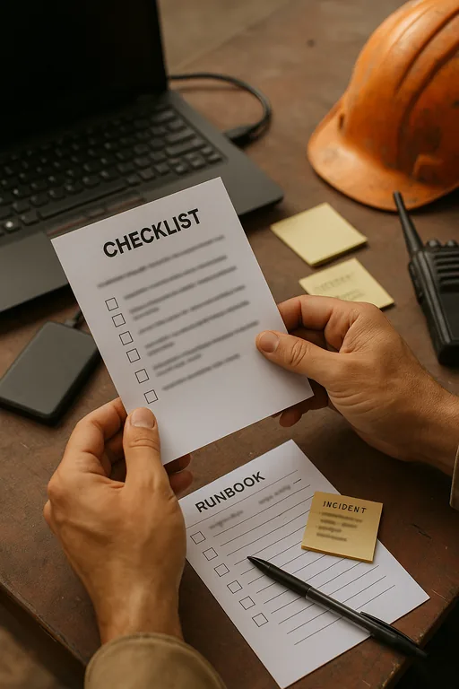 Technician holding a blurred backup-restore checklist beside a laptop, external drive, and runbook notes inside a jobsite workspace.
