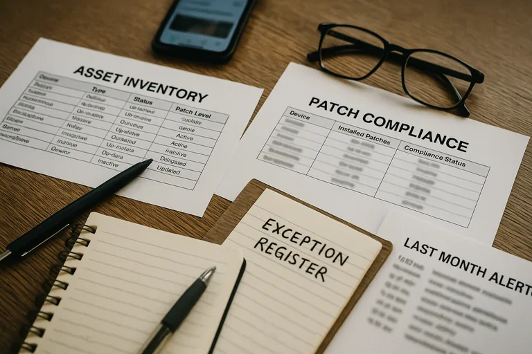 Printed asset inventory, patch compliance and alerts printouts on a table alongside an exception register, photographed closely as operational evidence.