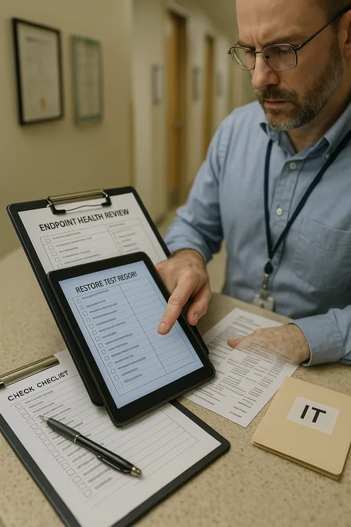 Close-up of a consultant's clipboard, tablet, and restore-test records during an endpoint health review in a clinic.