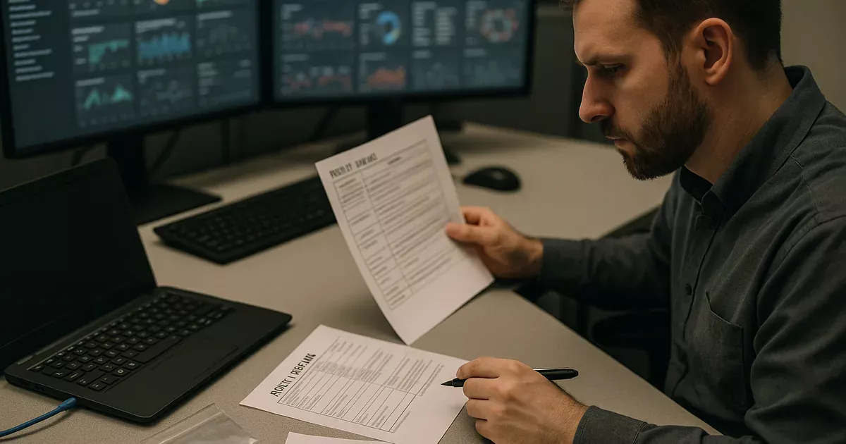 IT security engineer reviewing a blurred security console with a physically isolated laptop and printed incident timeline on the desk.