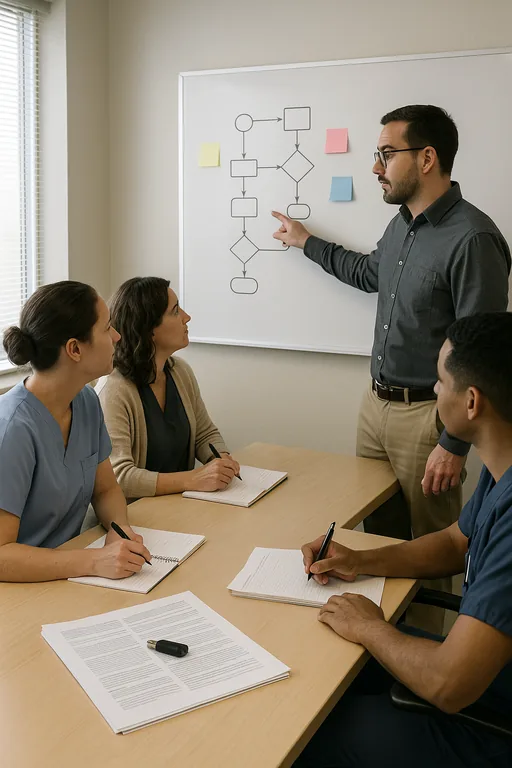 An IT consultant and clinic staff reviewing a non-legible workflow on a whiteboard during a remediation planning session.