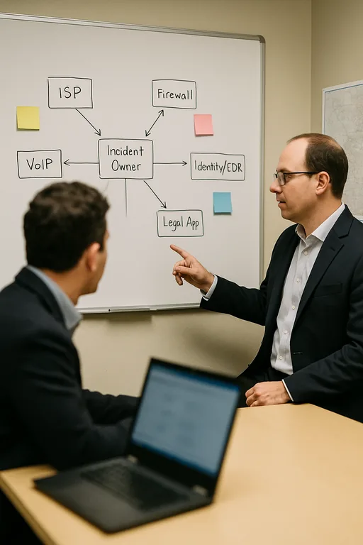 Whiteboard showing a non-legible escalation flowchart linking vendor components to a single incident owner during a tabletop review.