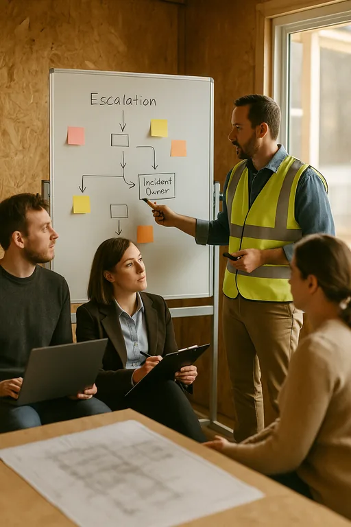 Consultant presenting an escalation flow on a whiteboard to an IT technician, project manager, and office admin in a construction office.