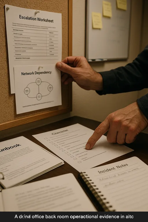 Hands pointing at a printed escalation worksheet and network diagram during a post-incident review in a dental office.