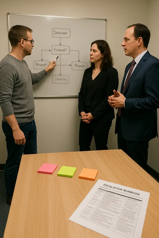 IT consultant and office staff reviewing an escalation workflow on a whiteboard during a vendor ownership planning session.