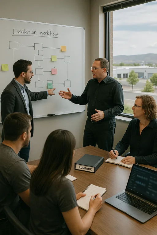 Consultant and office staff mapping a vendor escalation workflow on a whiteboard during a recovery planning session.