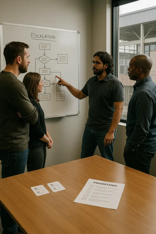 IT team reviewing an escalation flowchart on a whiteboard with vendor contact cards and a runbook on the table.