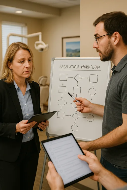 Office manager and IT consultant reviewing an escalation workflow on a whiteboard to clarify ownership and response steps.