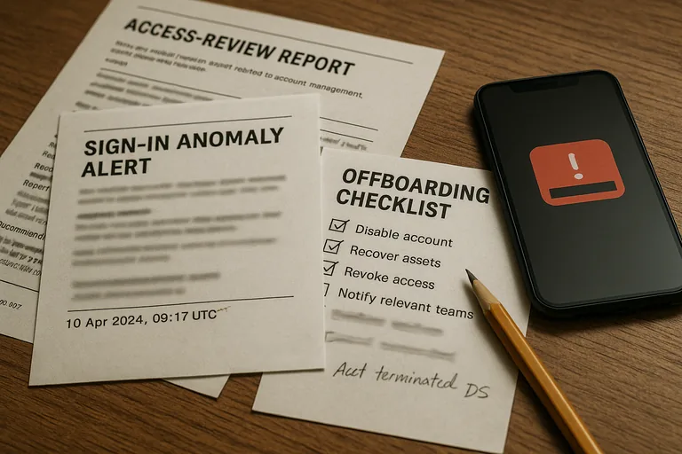 Close-up of printed access-review pages, a timestamped sign-in alert printout and an offboarding checklist with handwritten notes.