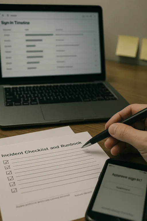 Close-up of a consultant reviewing blurred sign-in logs, a printed incident checklist, and a phone with an MFA prompt.