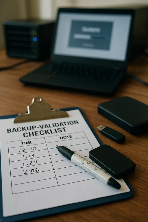 Clipboard with a backup validation checklist, handwritten timestamps, and storage media beside a laptop, documenting restore testing and validation.