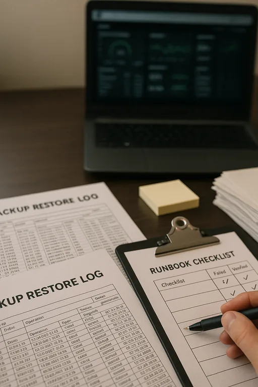 Close-up of printed backup logs, a clipboard runbook, and a blurred monitoring screen on a technician's desk indicating restore and validation work.