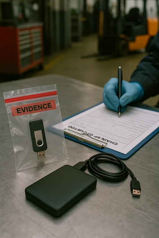 Close-up of a sealed evidence bag with a USB drive, an external backup disk, and a blurred chain-of-custody form on a workbench.