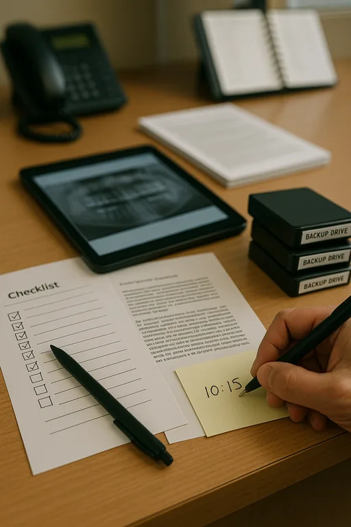 Printed checklist, backup media, and a tablet with a blurred dashboard on a dental reception desk documenting validation work.