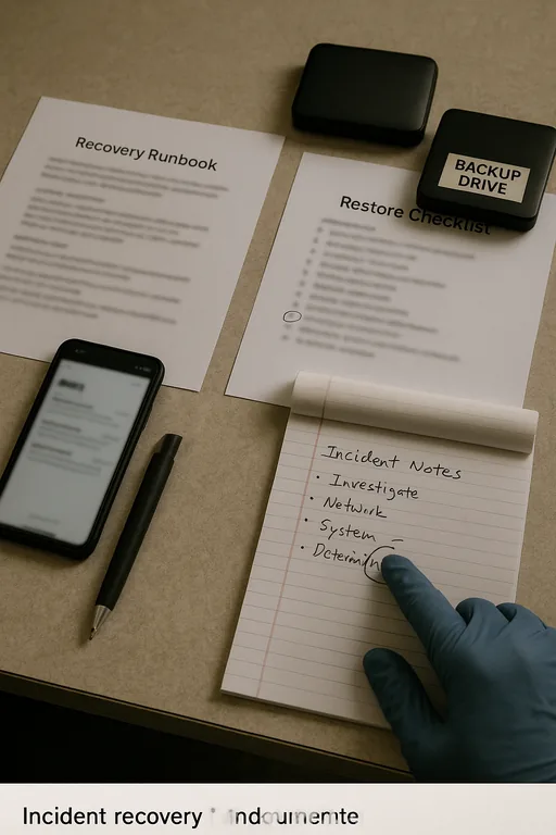 Close-up of a recovery checklist, backup drive, and handwritten incident notes on a table representing backup validation and runbook evidence.