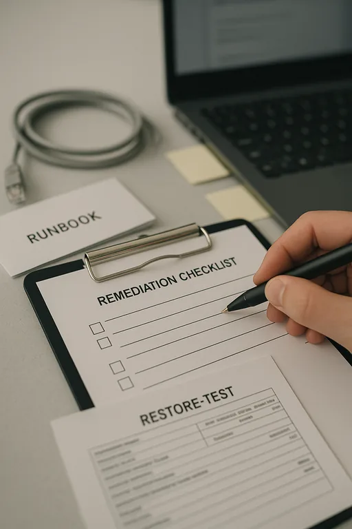 Clipboard with checklist and restore-test printouts being reviewed during an access remediation.