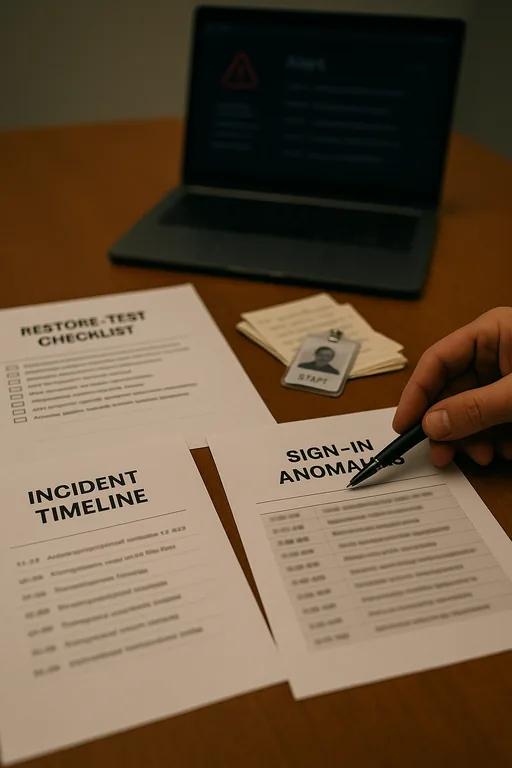 Close-up of printed restore-test checklist, incident timeline and technician's notes on a conference table.