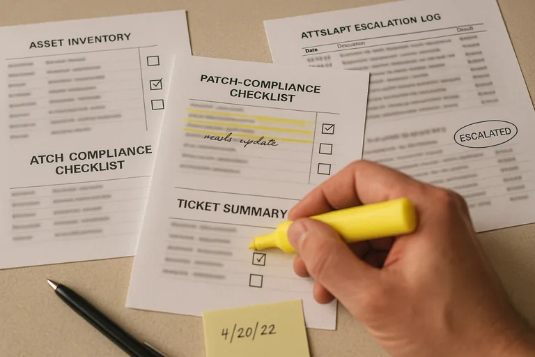 Close-up of printed asset inventory, patch and alert escalation sheets with a technician pointing at a highlighted checkbox.