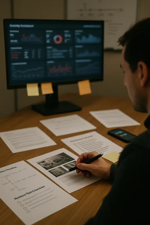 Security analyst’s workstation with an out-of-focus sign‑in anomaly dashboard and printed incident timeline and checklist used for breach triage.