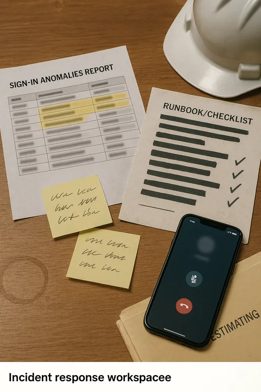 Close-up of a desk with a blurred sign-in anomalies printout, runbook checklist, sticky notes, and a hard hat, used during an incident review.