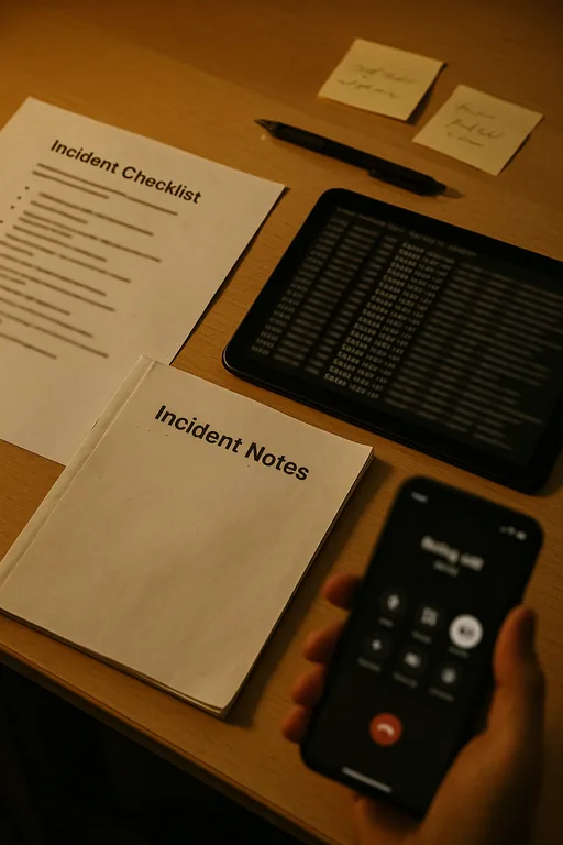 Printed incident checklist, blurred log view on a tablet, and sticky notes on a desk as evidence artifacts from a credential-based outage review.