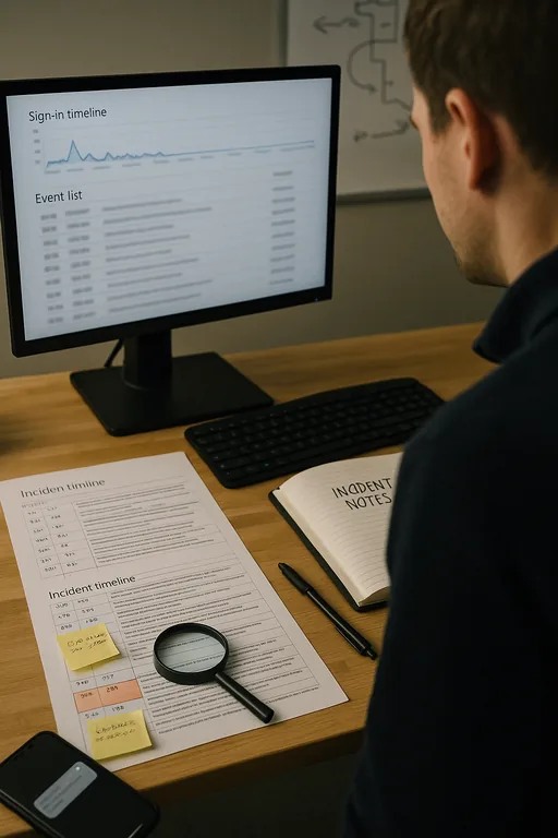 IT analyst reviewing blurred sign-in logs, printed incident timeline, and sticky notes as part of a forensic review of login activity.