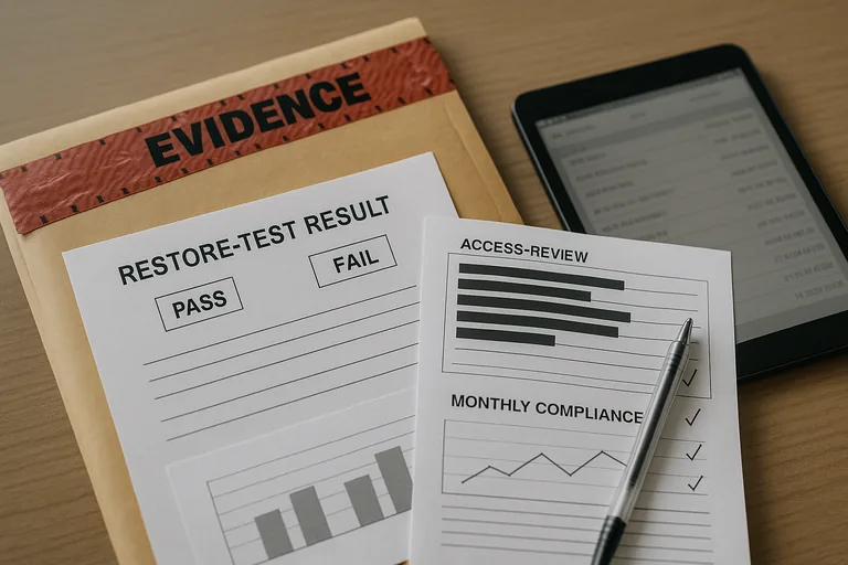 Close-up of printed restore-test results, access-review sheets, and patch compliance graphics arranged as an evidence package on a desk.