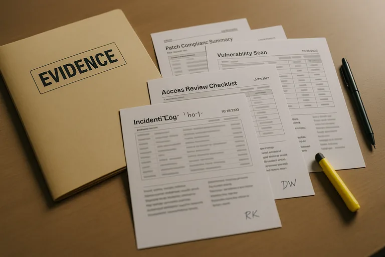Stack of printed patch reports, vulnerability summaries, and an incident log arranged on a table, photographed as verifiable evidence of security management.