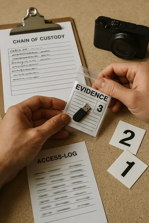 Close-up of a USB forensic drive being sealed in an evidence bag beside a clipboard with a hand-marked chain-of-custody checklist and blurred access log printouts.