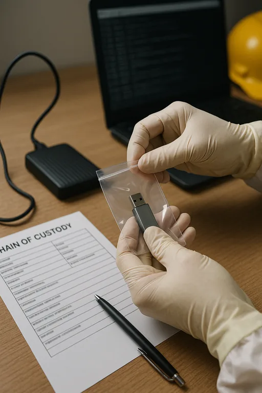 Technician placing a USB drive into an evidence bag on a desk with a blurred chain-of-custody form and external drive nearby.