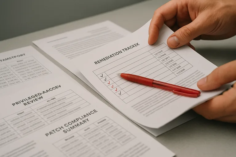 Close-up of printed remediation tracker, review logs, and a technician marking dates on reports.