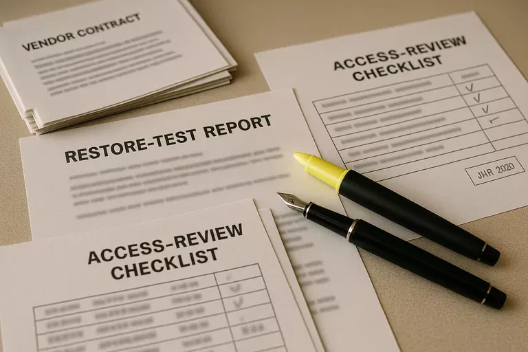 Close-up of printed access review, patch compliance, and sign-in timeline sheets on a desk with a pen and highlighted rows, blurred to prevent readable text.