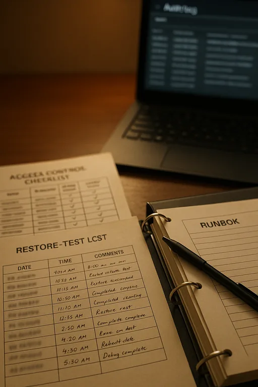 Close-up of a desk with a printed restore-test checklist, runbook binder, timestamped notes, and a laptop with a blurred audit view.