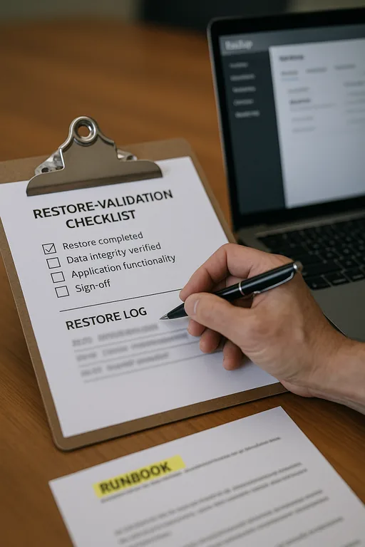 Close view of a restore-validation checklist and backup log on a clipboard with a laptop nearby, used to document tested restores.
