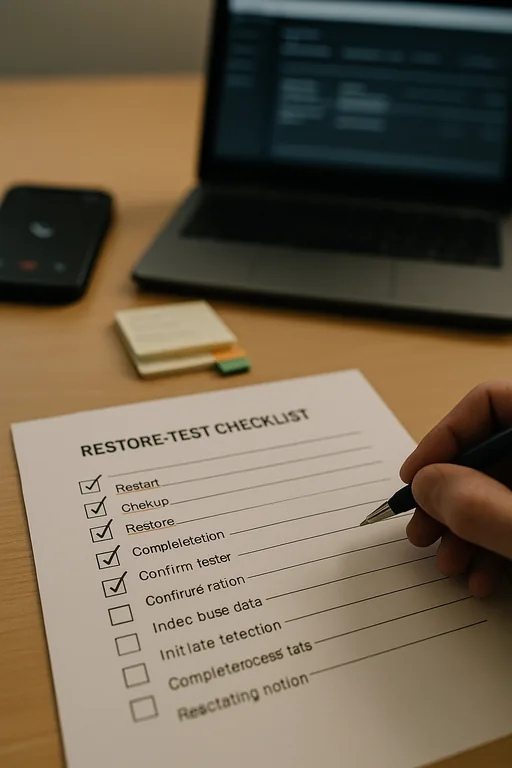 Close-up of a printed restore-test checklist being reviewed with handwritten marks and a laptop showing a blurred backup console in the background.