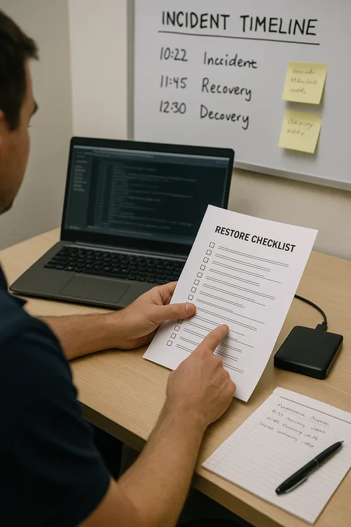 Technician at a desk reviewing a printed restore checklist, backup drive, and blurred logs while validating recovery steps.