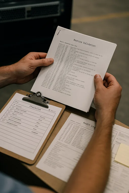 Close-up of a technician holding restore-validation printouts and a clipboard with blurred checklist and shipping documents, with a server rack out of focus behind them.