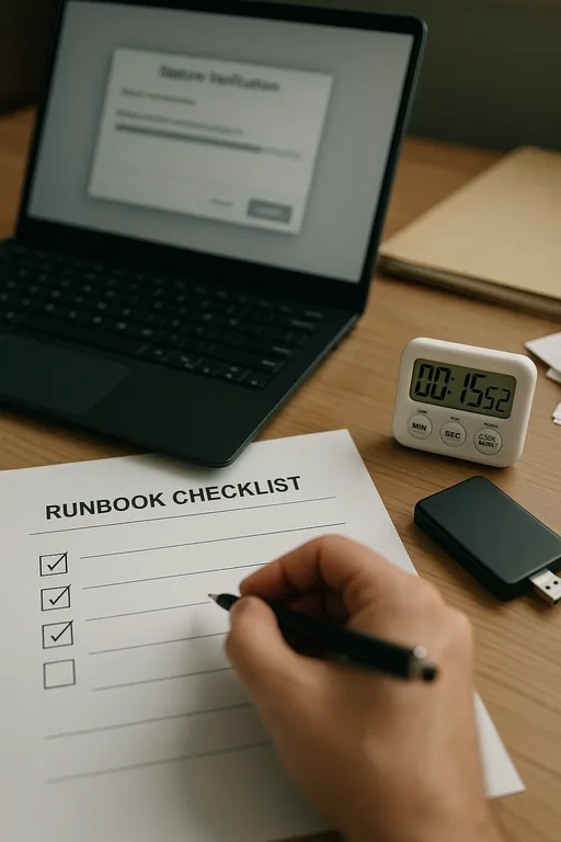 Close-up of a runbook checklist and a laptop displaying a blurred restore verification during a test.