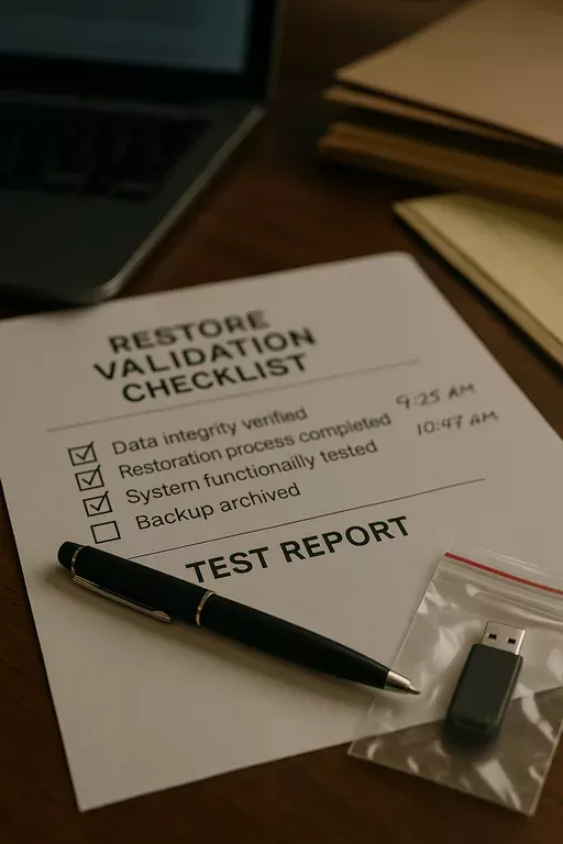 Close-up of a printed restore validation checklist with handwritten timestamps and a pen, with a laptop and matter folders blurred in the background.