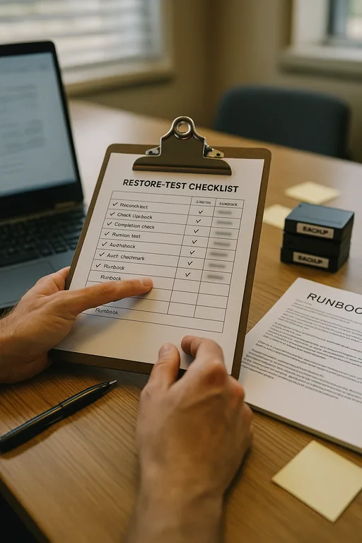 Technician pointing at a restore-test checklist on a clipboard next to a laptop with blurred screen and backup media, showing audit and recovery validation evidence.