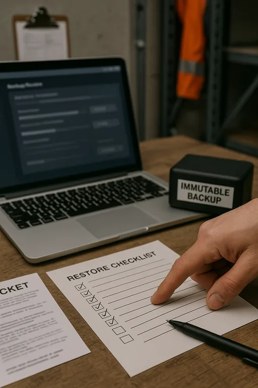Close-up of a restore checklist, blurred backup interface on a laptop, and an external backup drive used during recovery.