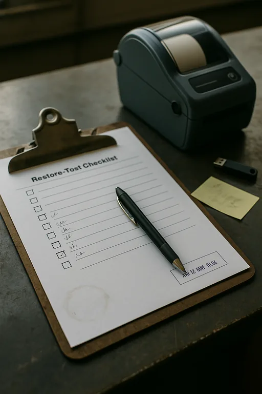 Close-up of a restore-test checklist on a clipboard with handwritten signoffs and a label printer on a manufacturing office desk.